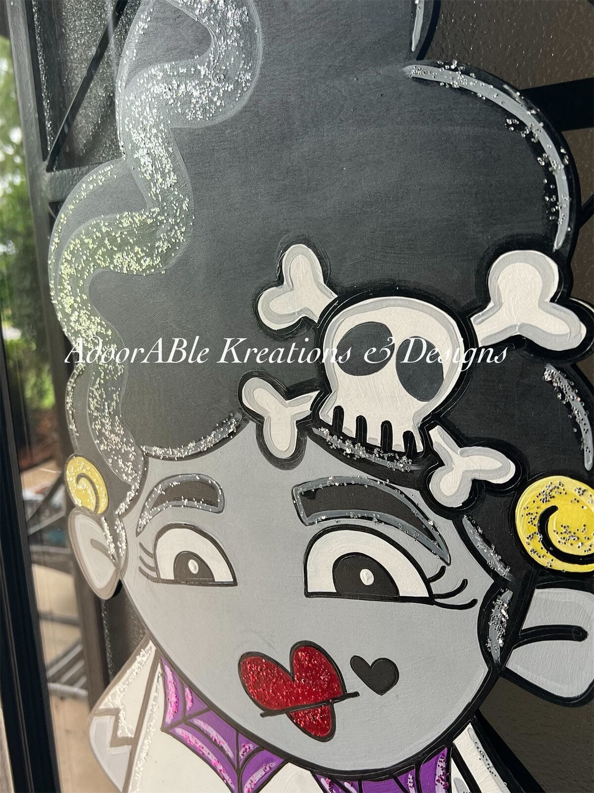 Bride of Frankenstein Door Hanger with Ribbon Legs, Halloween Decor
