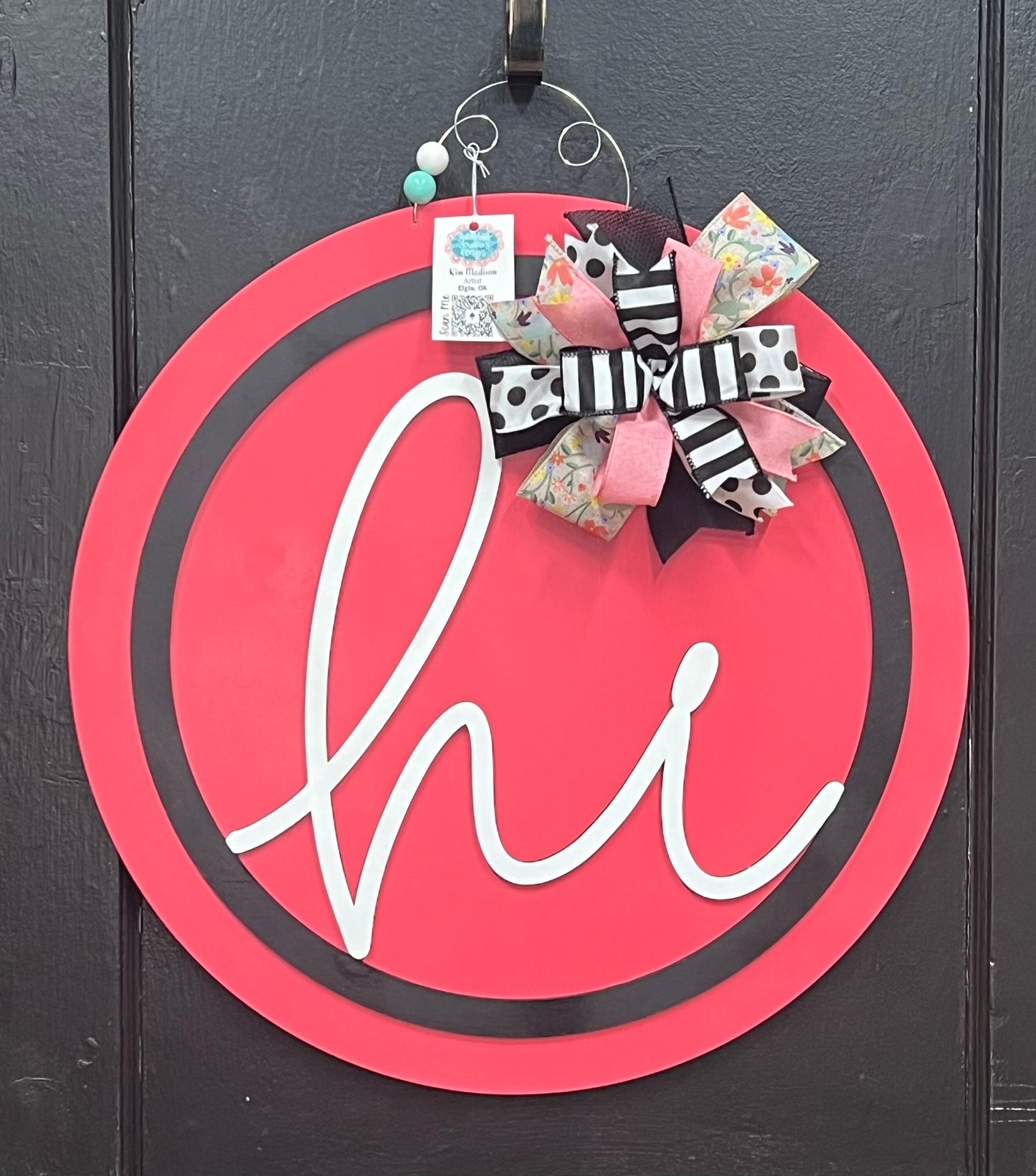 Hi 3D Door Hanger, Pink Teal White Round Sign, 22"