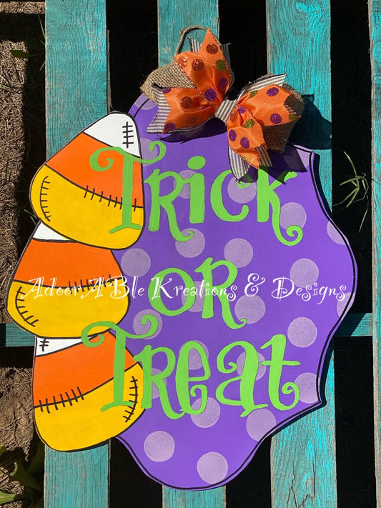 Candy Corn Trick or Treat Door Hanger: Hand-Painted Birch Wood (19"x22")