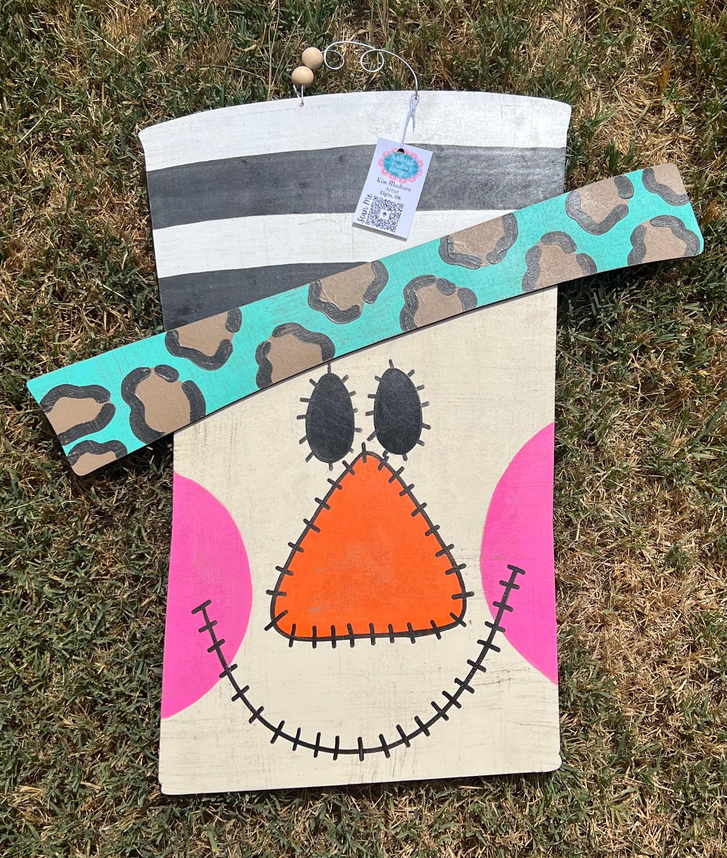 Scarecrow Fall Door Hanger with Leopard Print Hat, 3D Rim