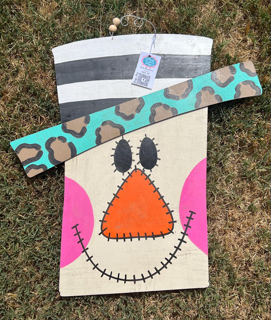 Scarecrow Fall Door Hanger with Leopard Print Hat, 3D Rim