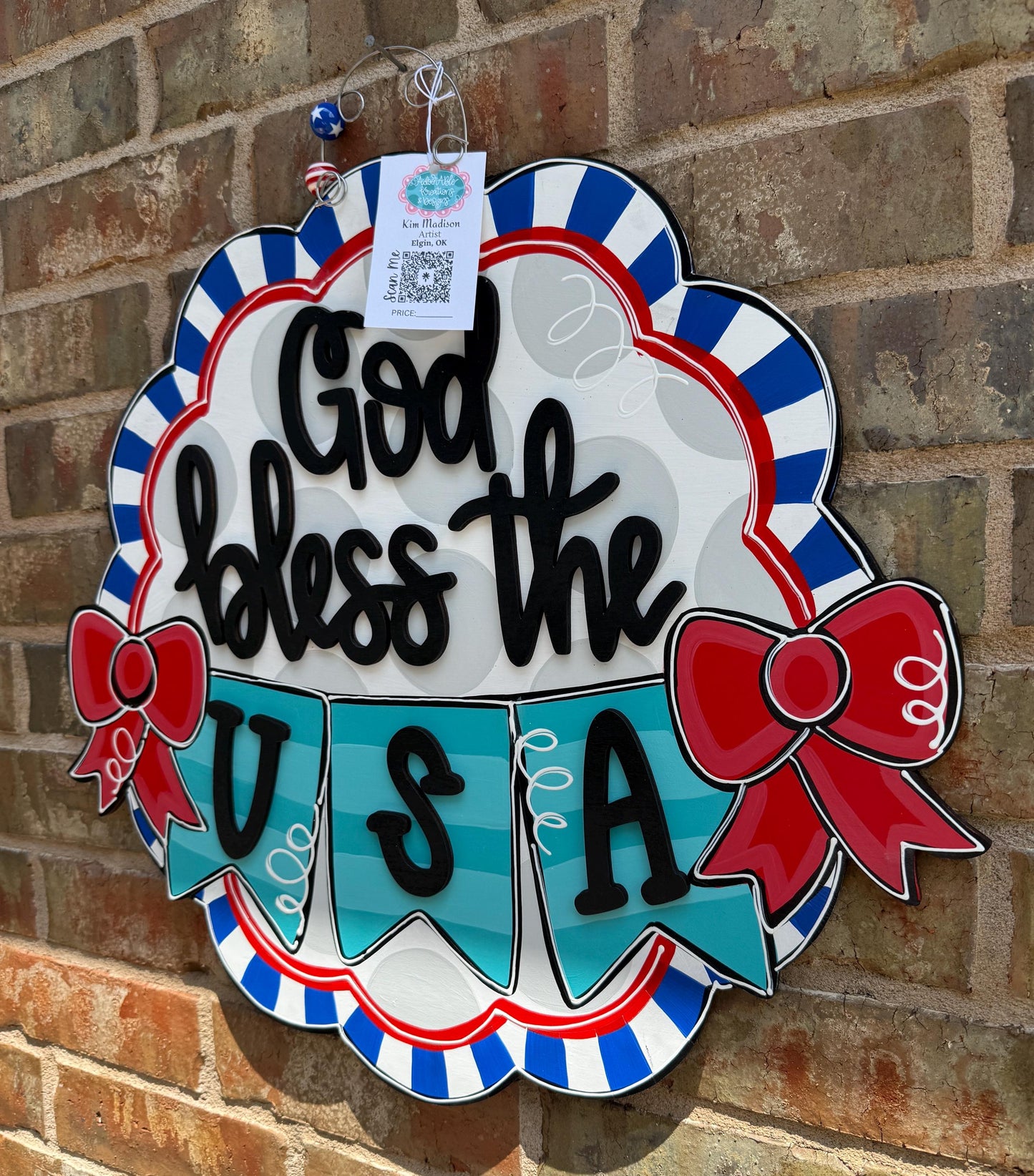 God Bless USA Door Hanger, Patriotic Independence Day Decor, Hand Painted Birch (21"x23")