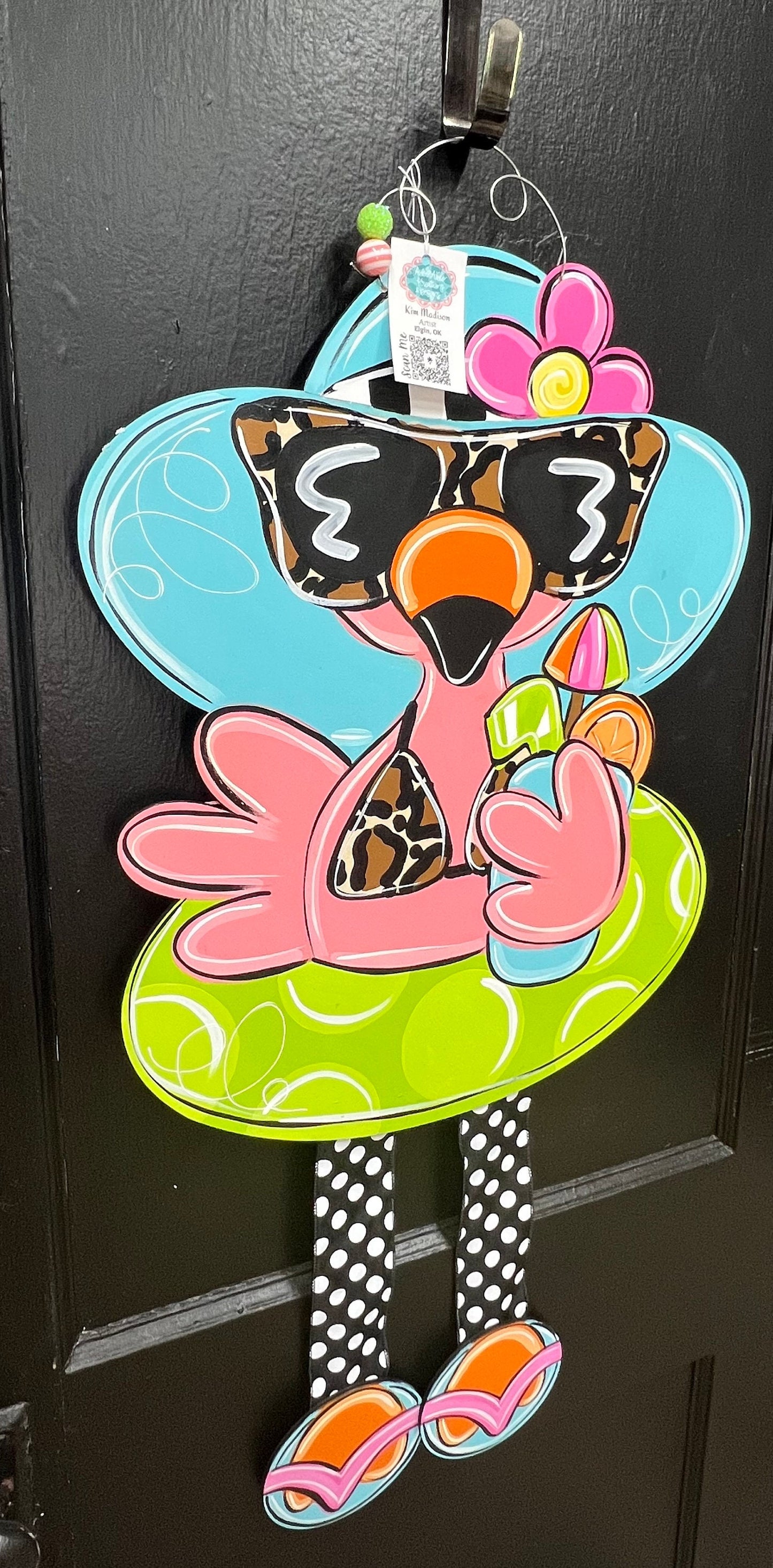 Flamingo Pool Float Door Hanger, Ribbon Legs, Summer Beach Decor (19x36)