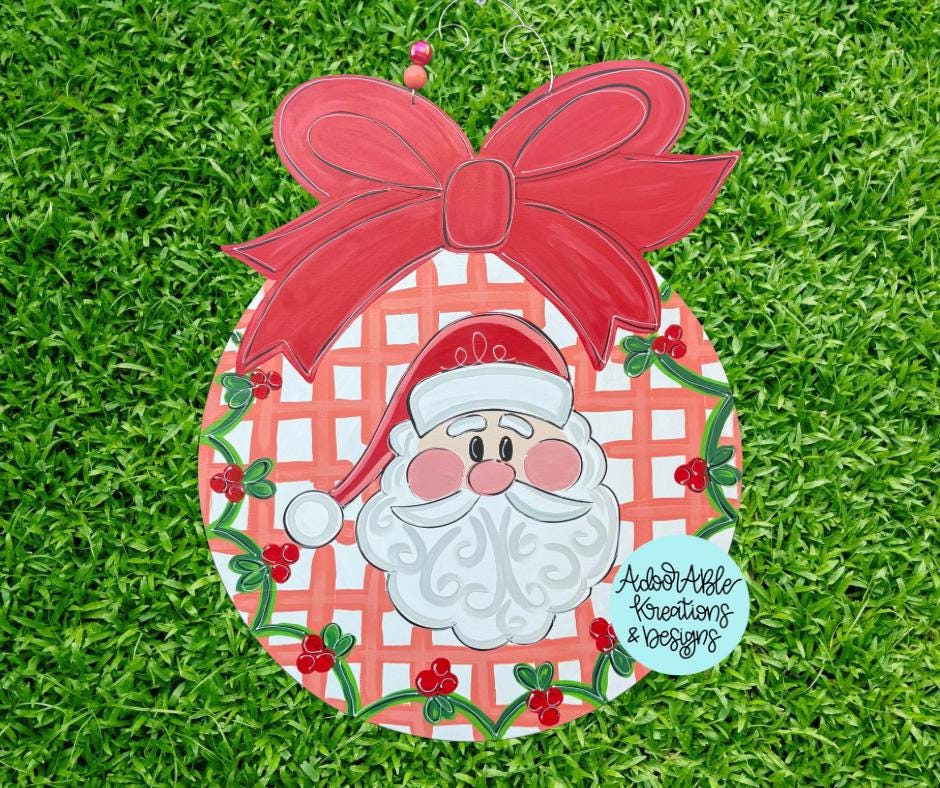 Santa Holly Round Door Hanger with Bow, Christmas Decor (18.5”x23”