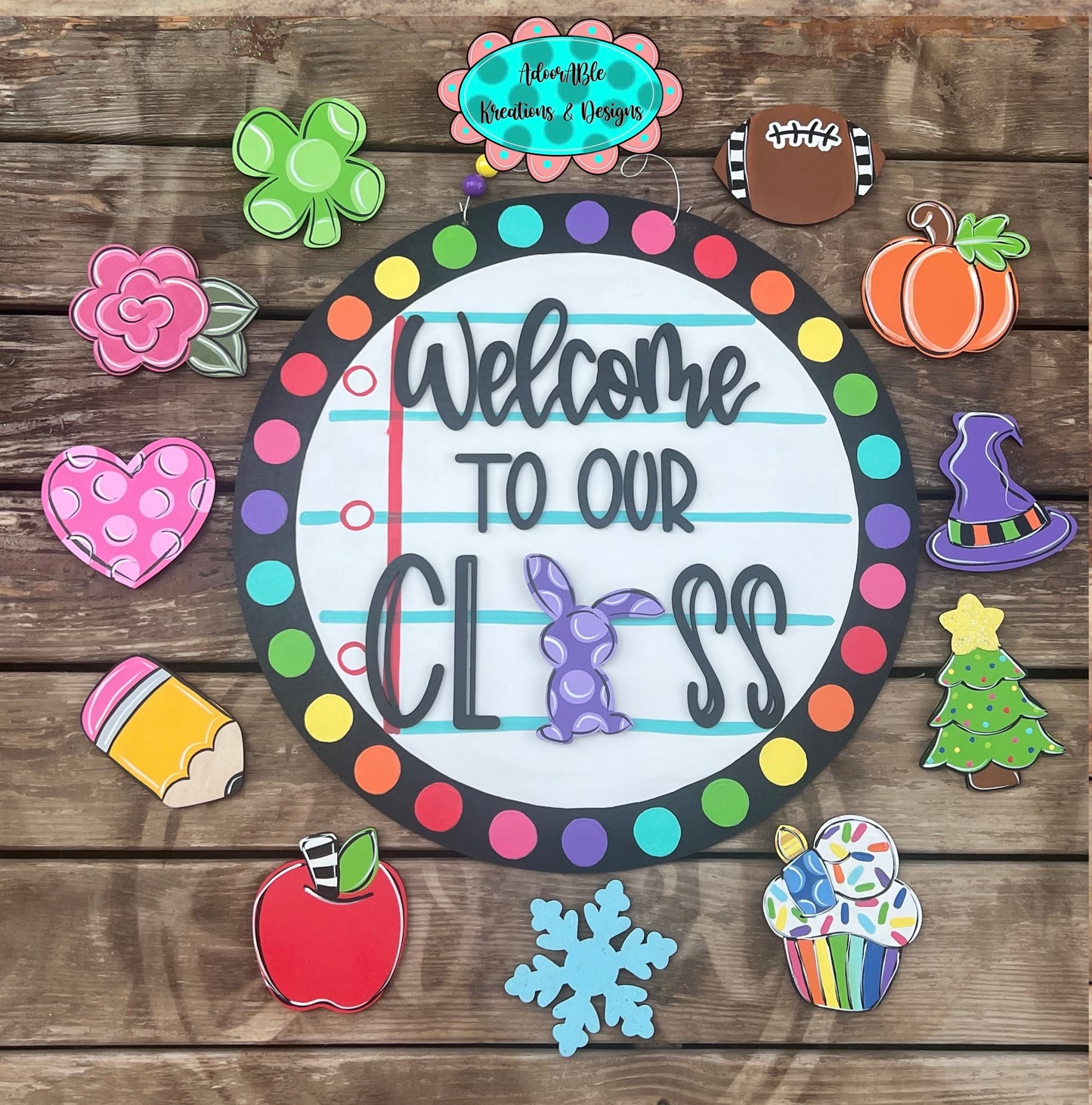 Welcome To Our Class Door Hanger with 12 Interchangeable Attachments, 22" Round