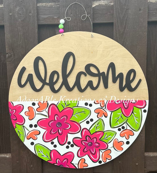 Floral Welcome Door Hanger, 3D Wood Sign, 23” Round