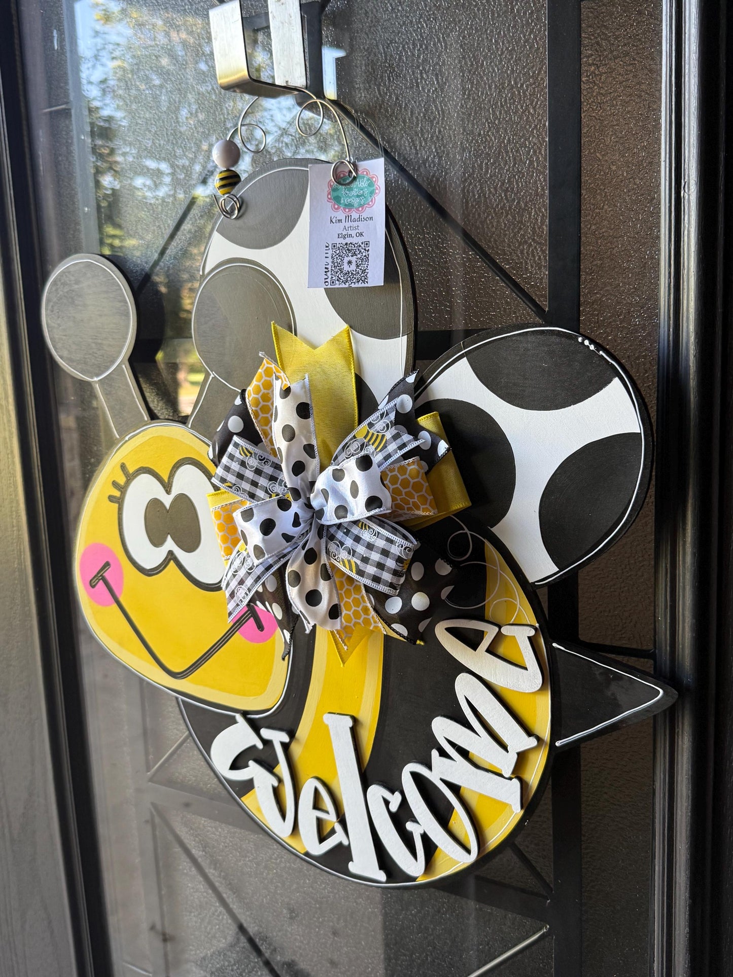 Bee Welcome Summer Door Hanger, Hand Painted Birch, 21"x22"