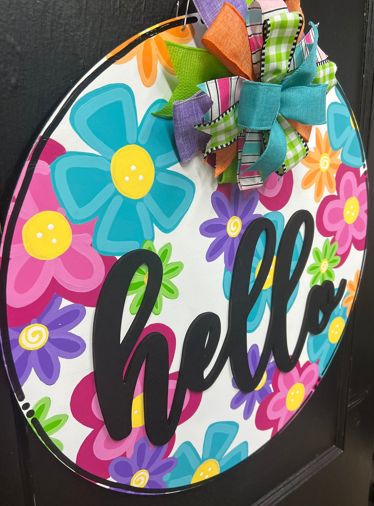 Floral Hello Door Hanger, Colorful Summer Wreath, 22" Round