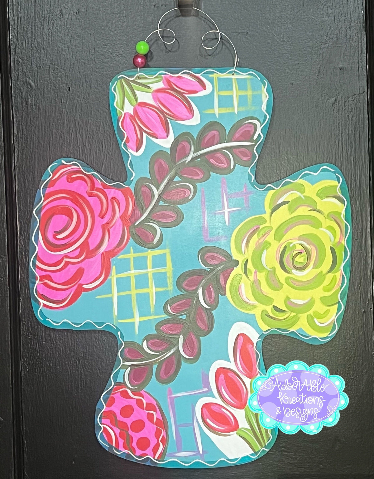 Floral Cross Door Hanger, Spring Easter Decor (19”x23")
