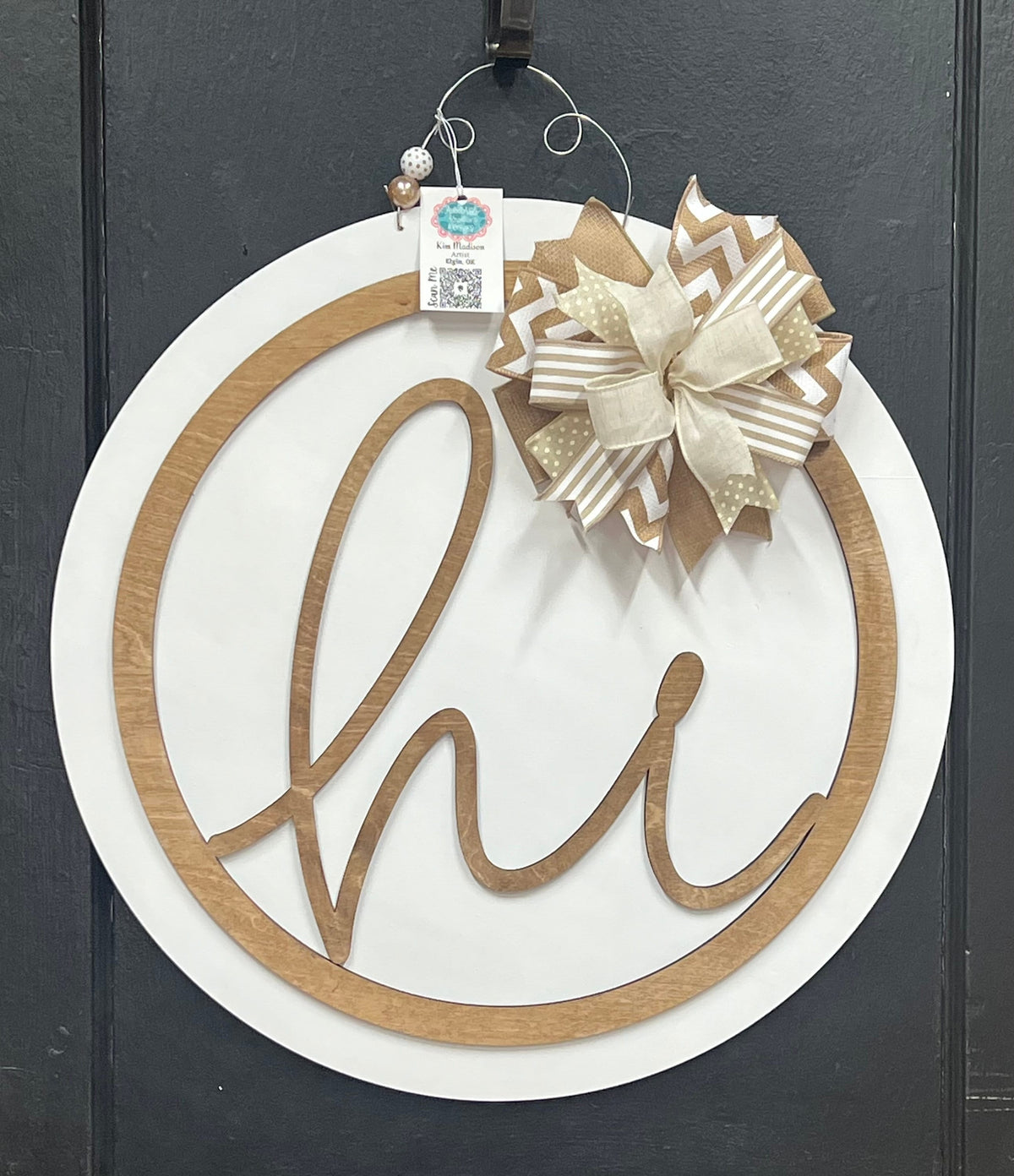 Hi 3D Door Hanger, Pink Teal White Round Sign, 22"