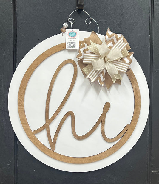 Hi 3D Door Hanger, Pink Teal White Round Sign, 22"