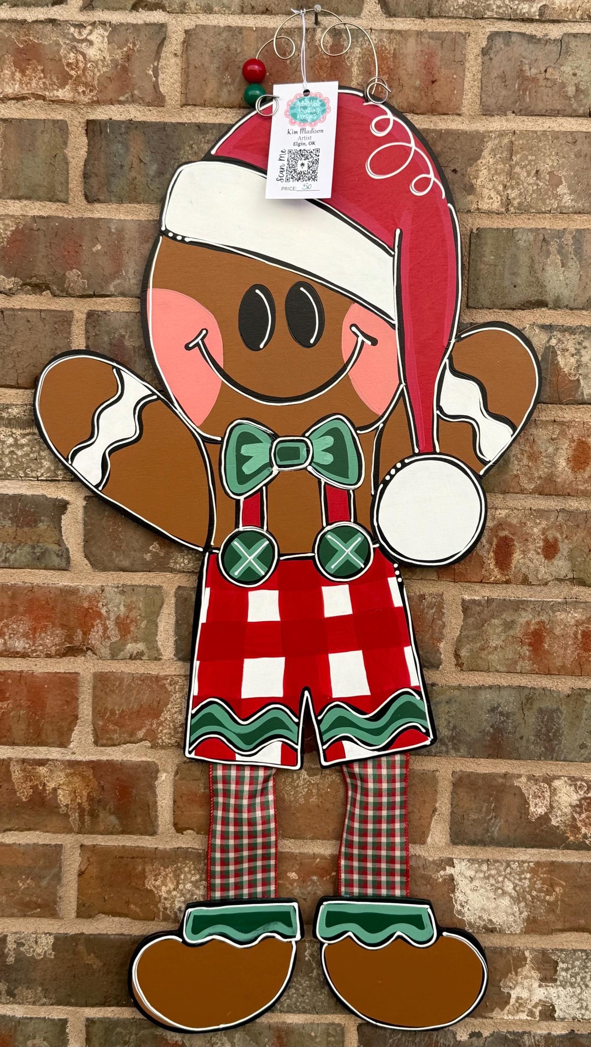 Gingerbread Boy Door Hanger with Ribbon Legs - Christmas Decor