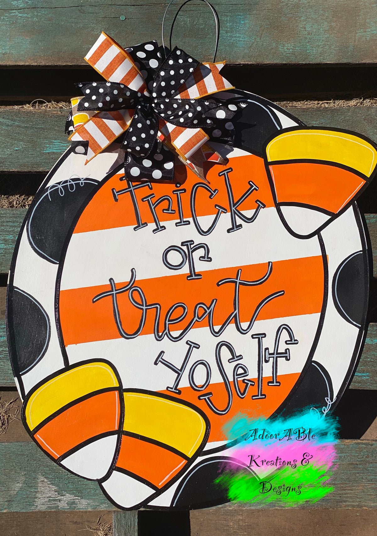 Candy Corn Trick or Treat Door Hanger: Hand Painted Birch Wood