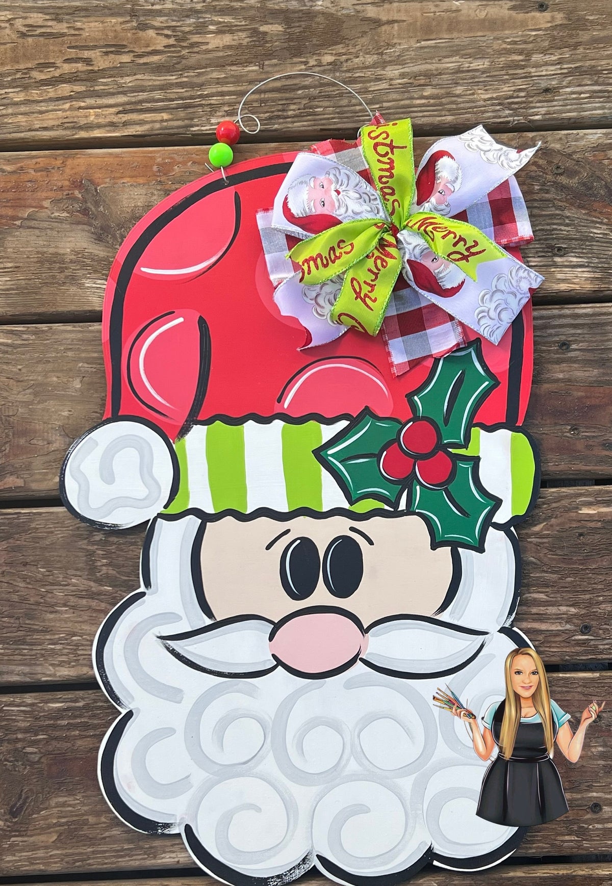 Hand Painted Santa Claus Door Hanger, Holly Christmas Decor (17x23")