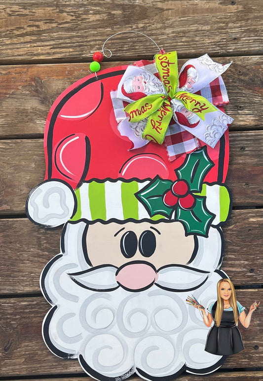 Hand Painted Santa Claus Door Hanger, Holly Christmas Decor (17x23")