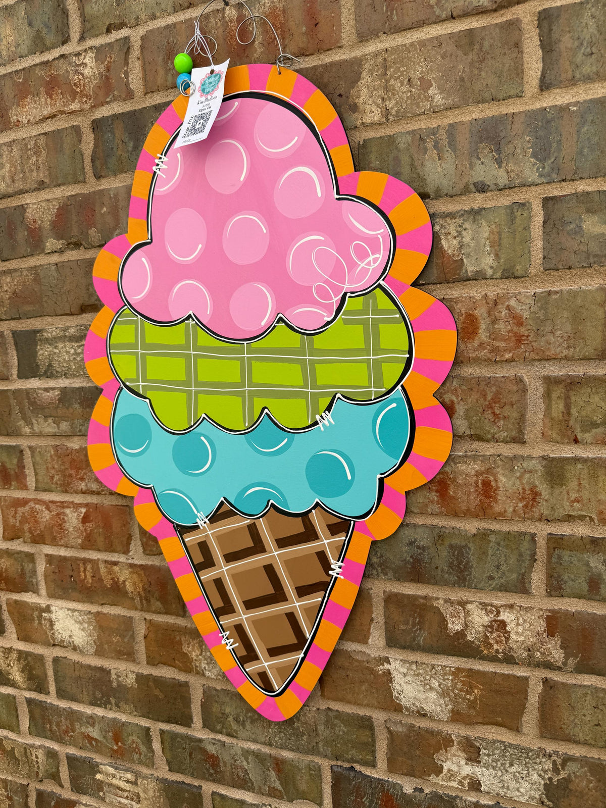 Ice Cream Cone Door Hanger, Painted Birch, Summer Decor (18”x29")