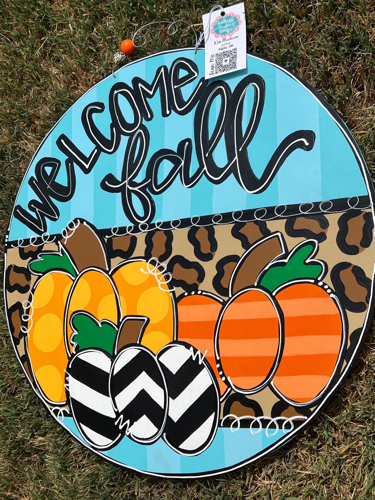 Welcome Fall Pumpkin Trio Door Hanger, 22" Round, Polka Dots