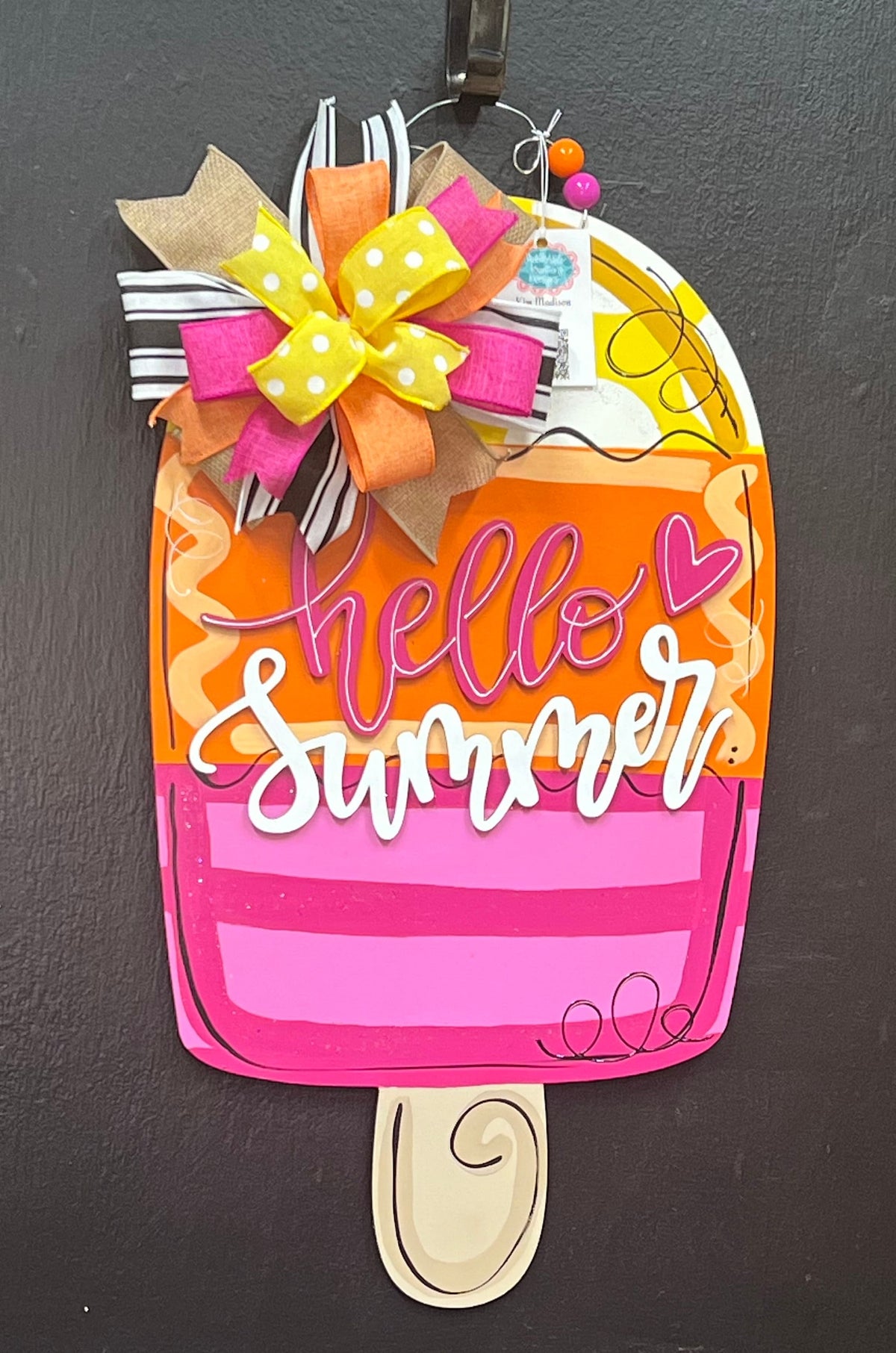 3D Hello Summer Popsicle Door Hanger, Painted Birch, Summer Decor (13”x23")