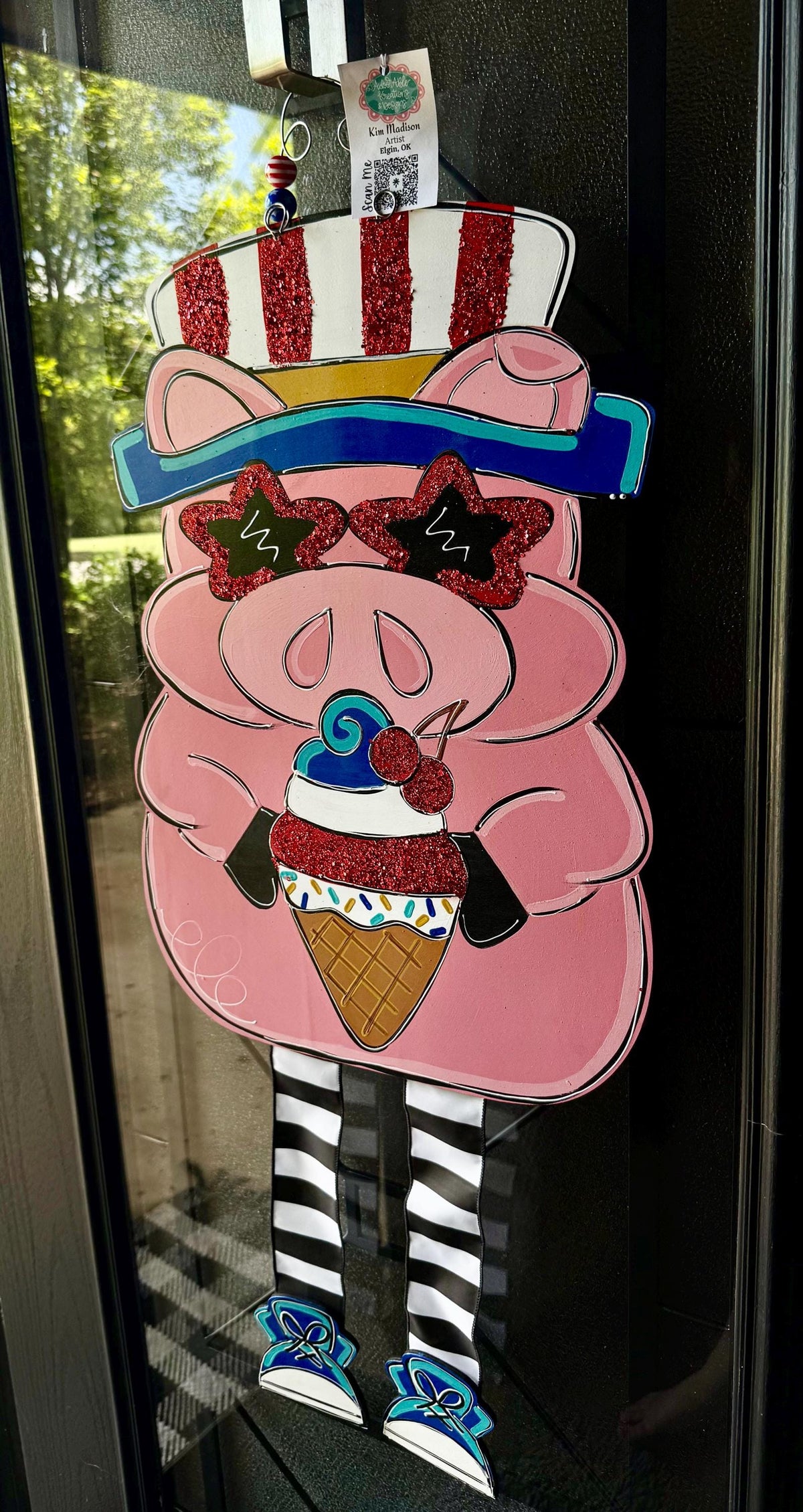 Patriotic Pig Door Hanger, Ribbon Legs, USA 4th of July Decor