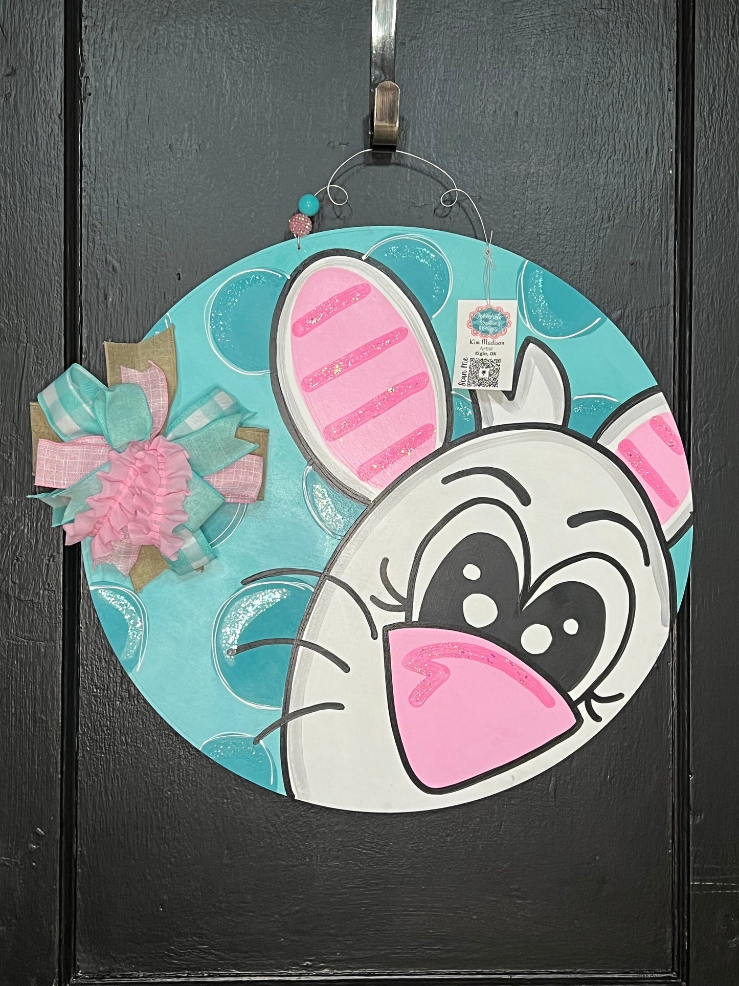 Bunny Peeking Easter Door Hanger, Spring Decor, 20” Round