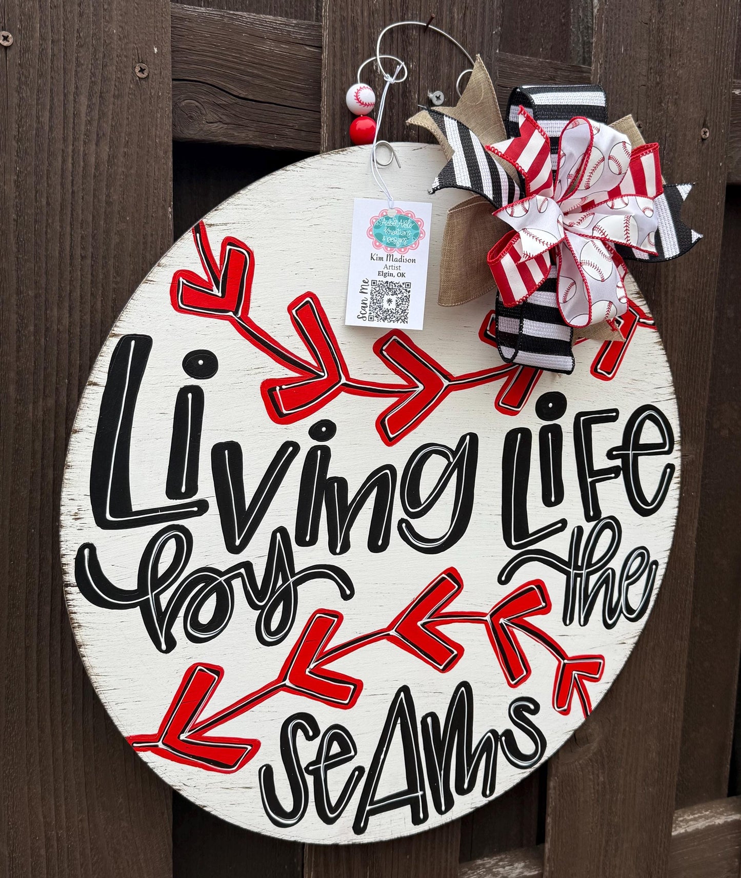 Living Life By The Seams Door Hanger, Baseball Softball Decor, 20" Round