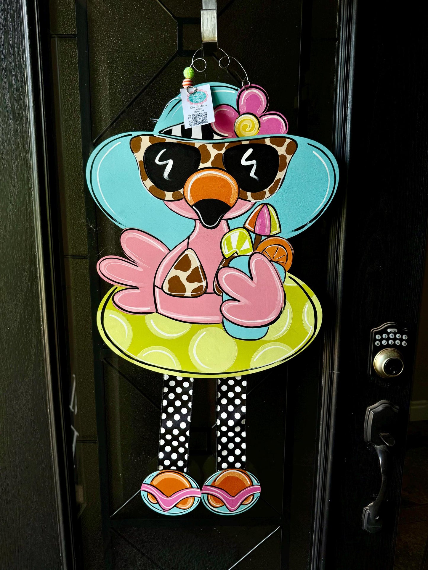 Flamingo Pool Float Door Hanger, Ribbon Legs, Summer Beach Decor (19x36)