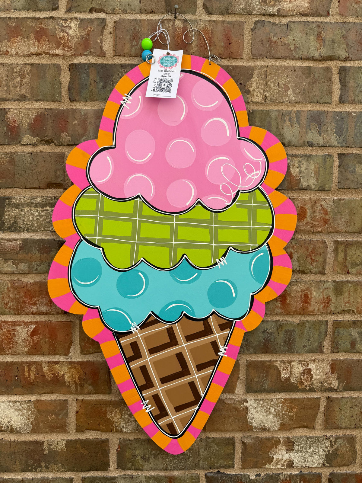 Ice Cream Cone Door Hanger, Painted Birch, Summer Decor (18”x29")