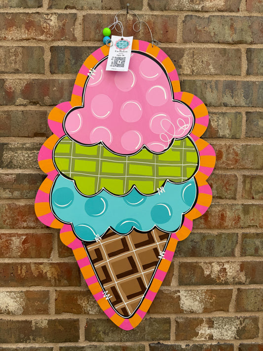 Ice Cream Cone Door Hanger, Painted Birch, Summer Decor (18”x29")
