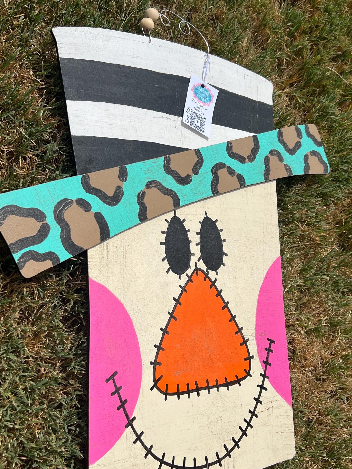 Scarecrow Fall Door Hanger with Leopard Print Hat, 3D Rim