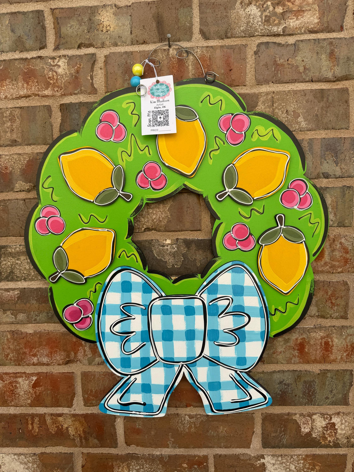 Lemon Wreath 3D Door Hanger, hand painted, Summer Decor, 20"x22"