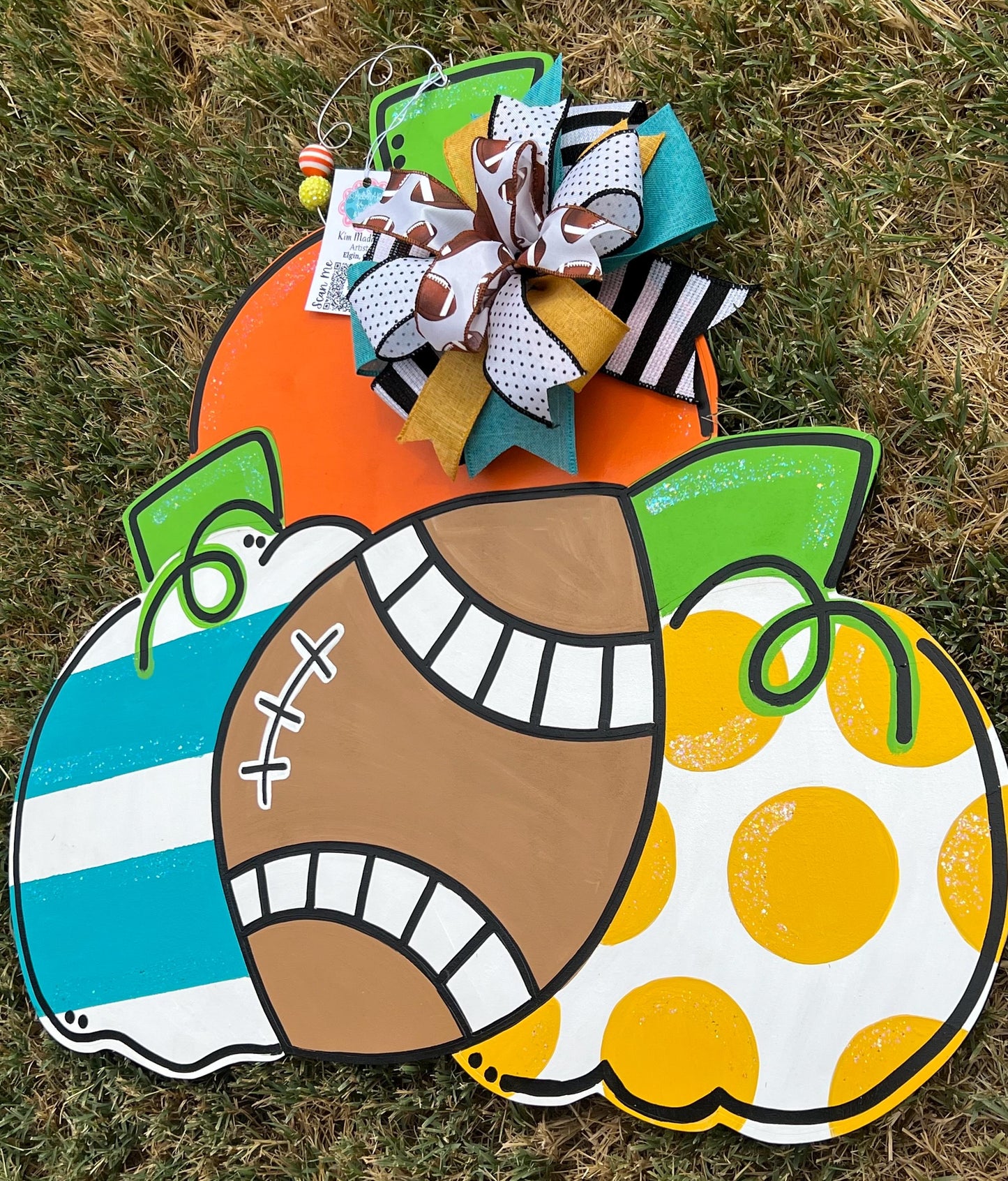 Pumpkin Trio Football Door Hanger, Fall Sports Decor (21.5"x23")