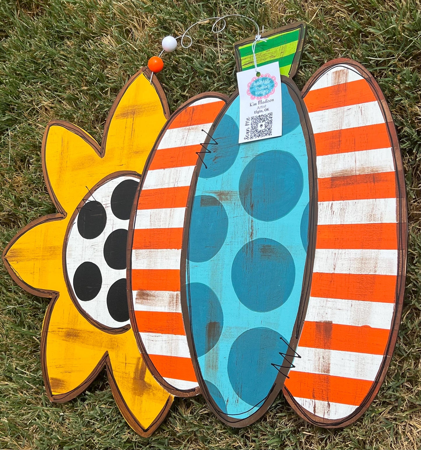 Hand Painted Sunflower and Pumpkin Door Hanger, Fall Decor (18"x23")