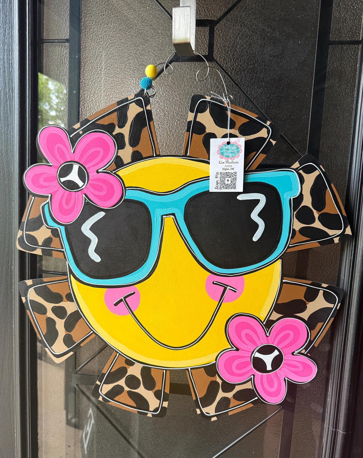 Sun with flowers Door Hanger with Sunglasses, Beach Decor, 22"x22"