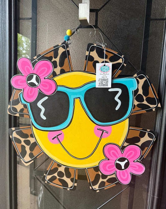 Sun with flowers Door Hanger with Sunglasses, Beach Decor, 22"x22"