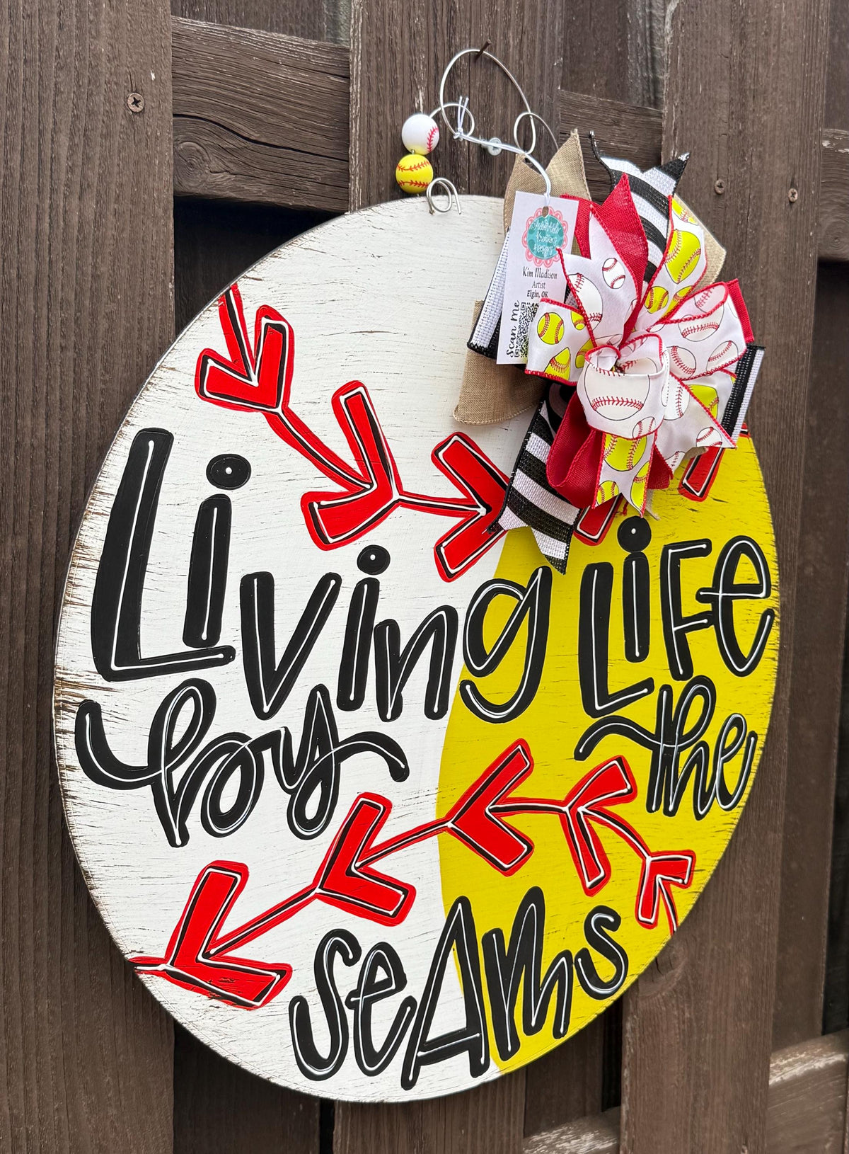 Living Life By The Seams Door Hanger, Baseball Softball Decor, 20" Round
