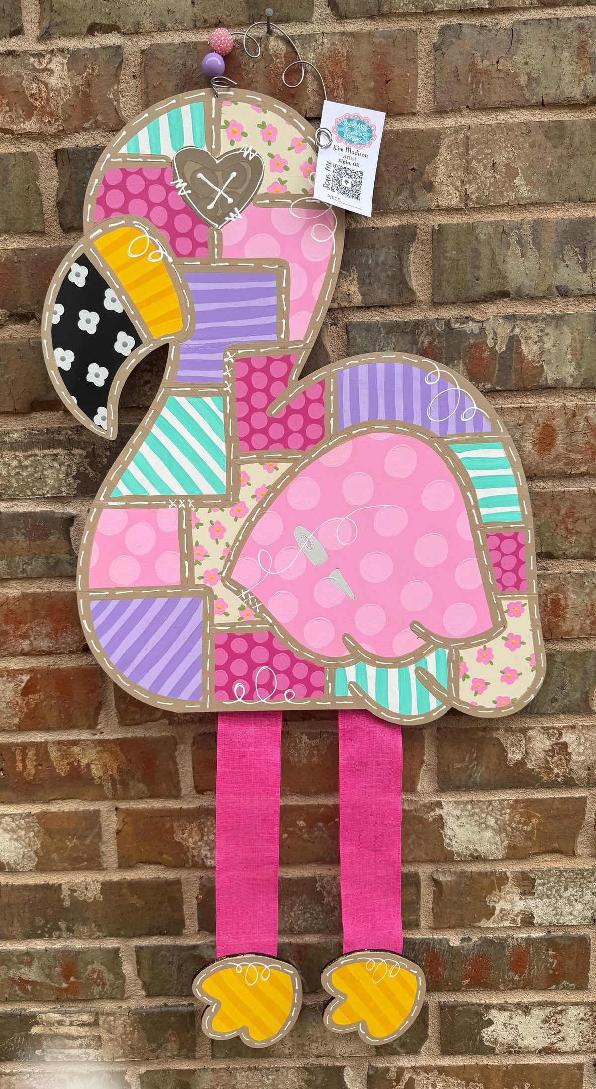 Patchwork Flamingo with ribbon legs, door hanger, Summer, 18"x36”