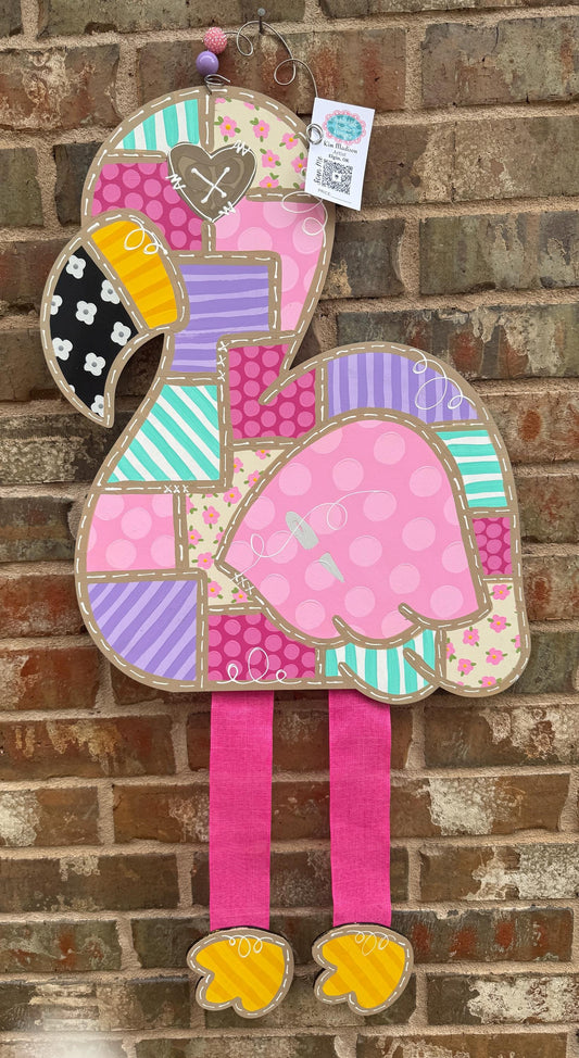 Patchwork Flamingo with ribbon legs, door hanger, Summer, 18"x36”
