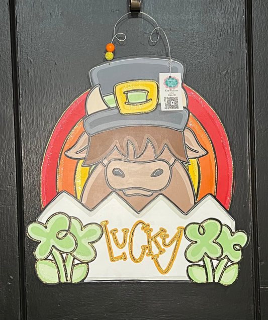St. Patrick's Day Lucky Highland Cow Door Hanger, 20"x22"