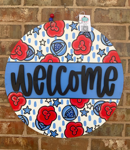 Welcome Floral Door Hanger, Red White Blue, USA Patriotic Decor