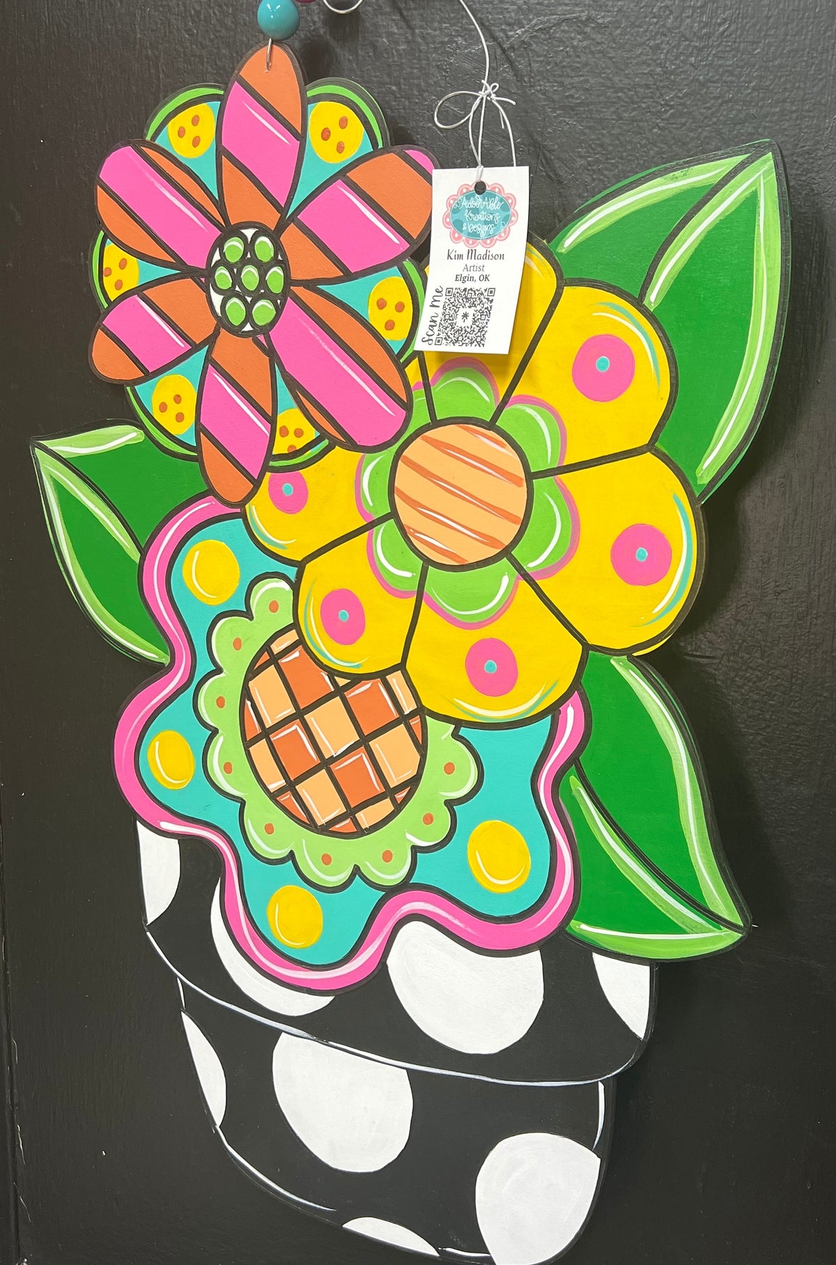 Funky Flowers in Pot Door Hanger, Hand Painted Birch, 16x23