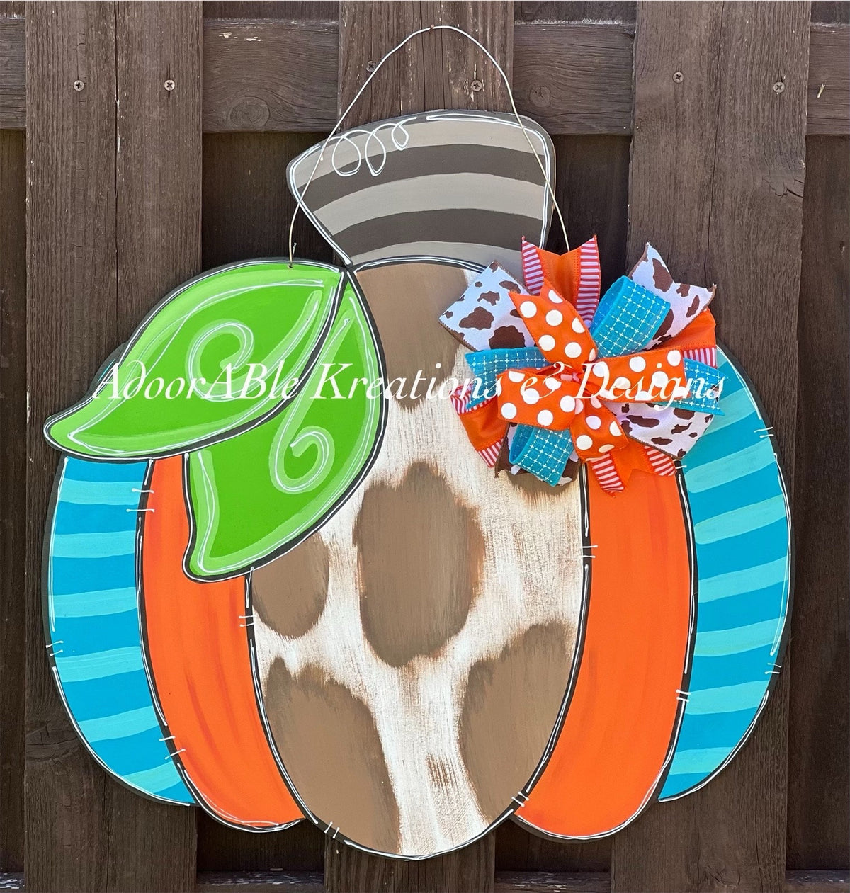 Fall Cow Print Pumpkin Door Hanger, Birch Plywood Decor