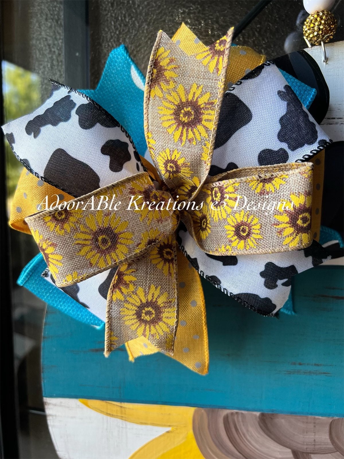Sunflower Cow Print door hanger, fall door hanger, Hi door hanger, door hanger, acrylic painting, 20" round