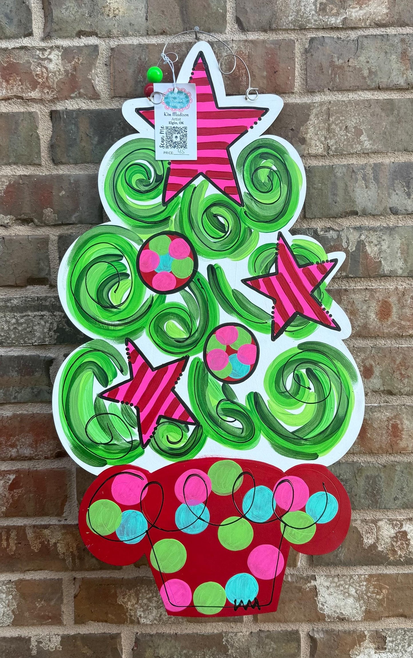 Funky Christmas Tree Door Hanger, Hand-Painted Birch Decor 15”x27”