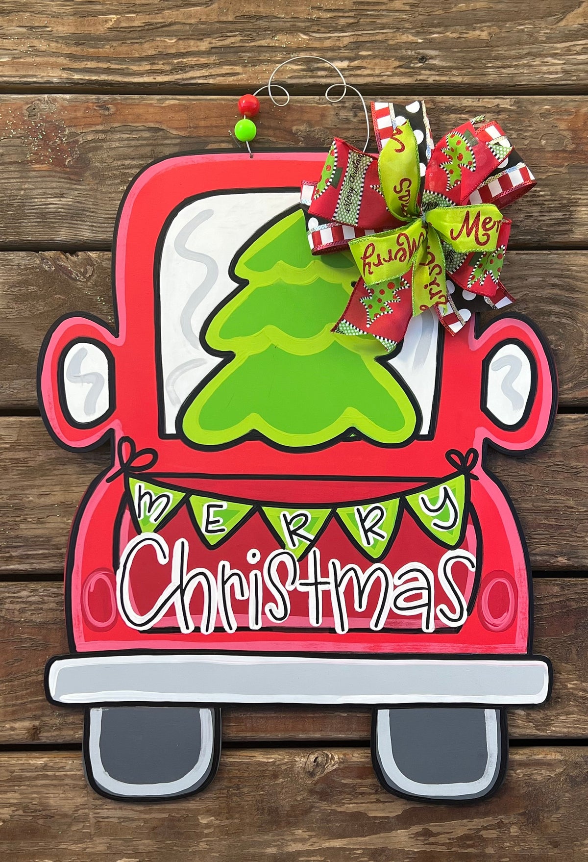 Merry Christmas Truck Door Hanger, Red Truck with Tree, 18"x23"
