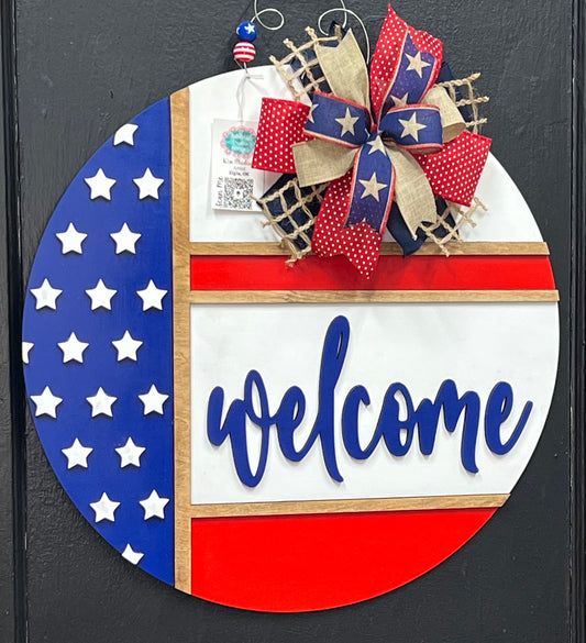 Welcome Flag Door Hanger, 4th of July Decor, 20” Round