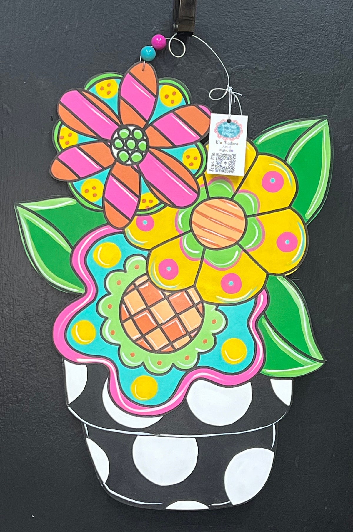 Funky Flowers in Pot Door Hanger, Hand Painted Birch, 16x23