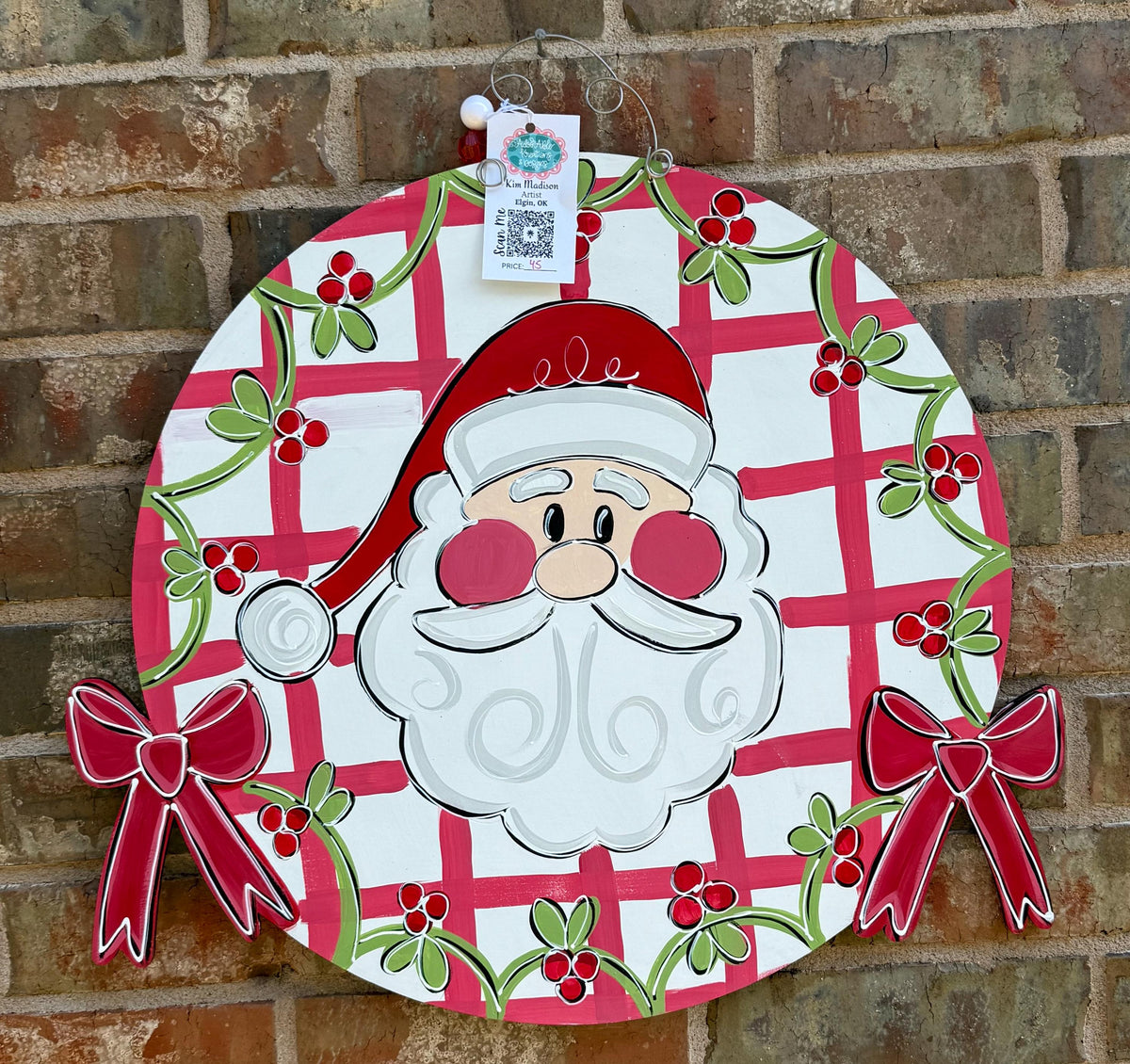 Santa Holly Round Door Hanger: Hand-Painted Birch Christmas Decor