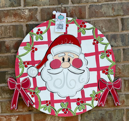 Santa Holly Round Door Hanger: Hand-Painted Birch Christmas Decor