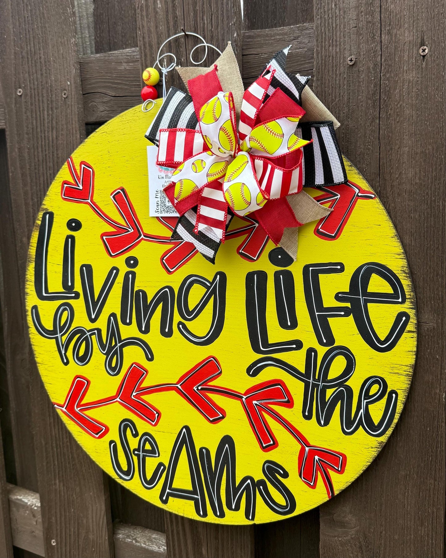 Living Life By The Seams Door Hanger, Baseball Softball Decor, 20" Round