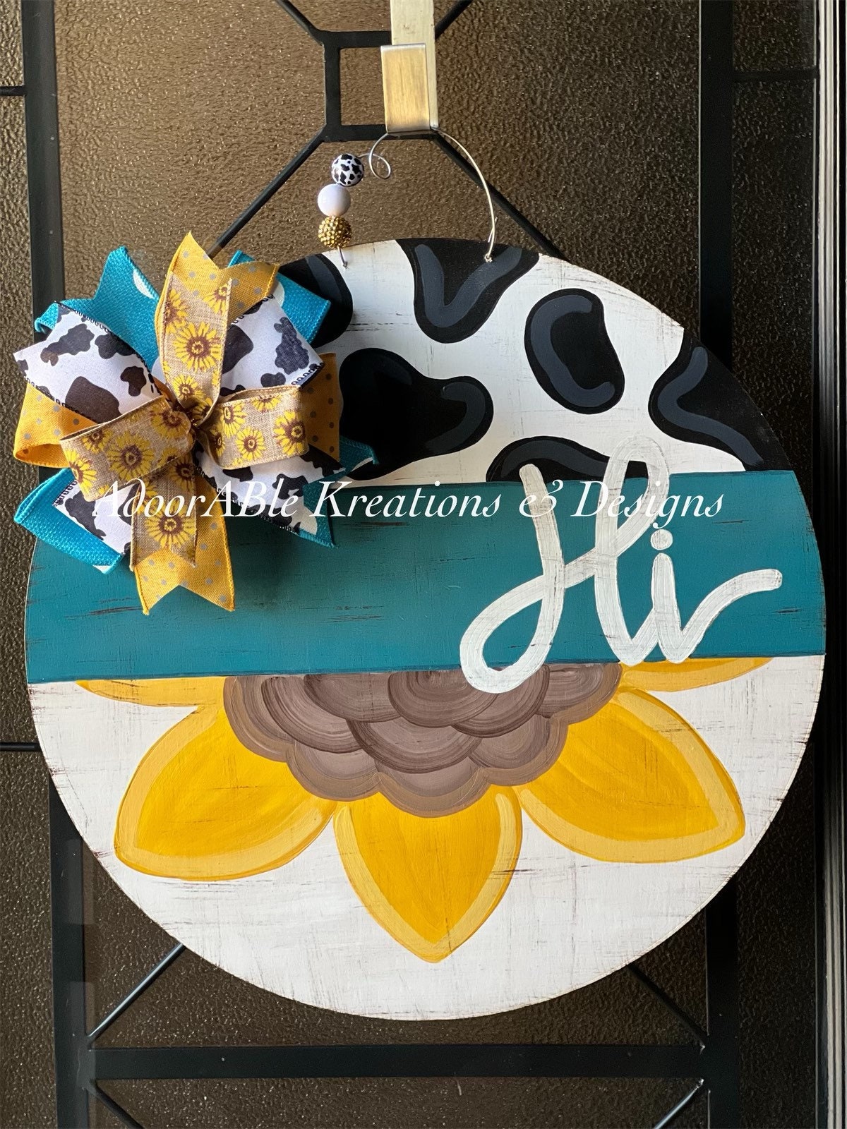 Sunflower Cow Print door hanger, fall door hanger, Hi door hanger, door hanger, acrylic painting, 20" round